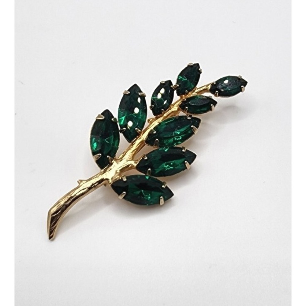 Vintage Leaf Tree Branch Brooch Forest Green Marquis Rhinestone Pin Floral Gift